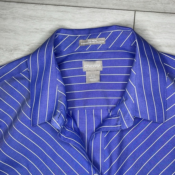 CHICO’S coolmax all season no-wrinkle button up blouse Blue Pinstripe sz 14 top - Picture 2 of 8